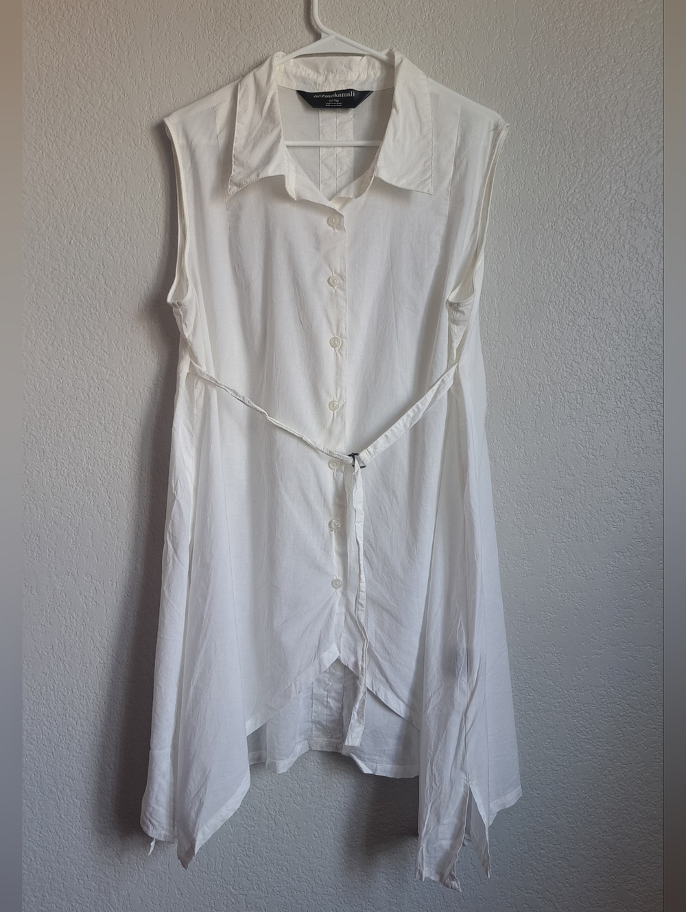 Norma Kamali White Belted Button Down Asymetric Hem Tunic Top Size XXL